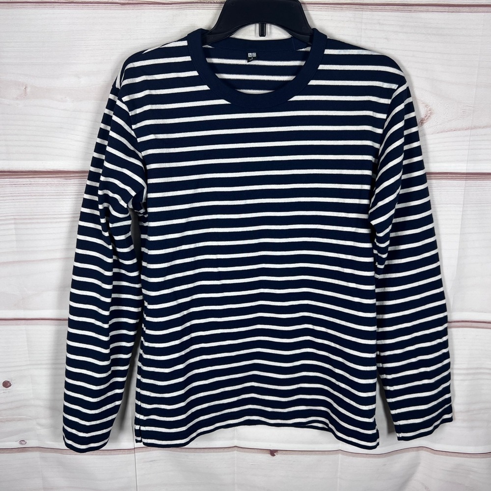 Uniqlo T-Shirt Women Small Navy White Striped Long Sleeve Crew Neck Basic Cotton